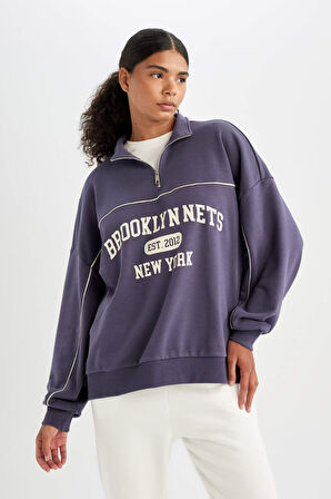 DeFactoFit NBA Brooklyn Nets Oversize Geniş Kalıp Yarım Fermuarlı Dik Yaka Sweatshirt C8246AX24AUPR493