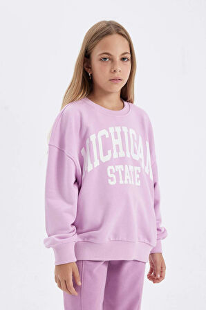 DeFacto Kız Çocuk Relax Fit Bisiklet Yaka Baskılı Sweatshirt C7460A824AUPR139