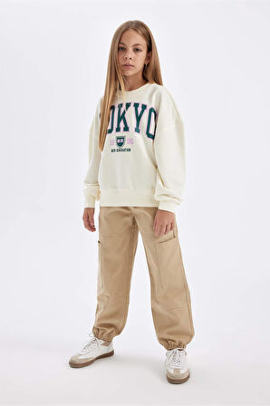 DeFacto Kız Çocuk Oversize Geniş Kalıp Bisiklet Yaka Baskılı Sweatshirt C7461A824AUER99