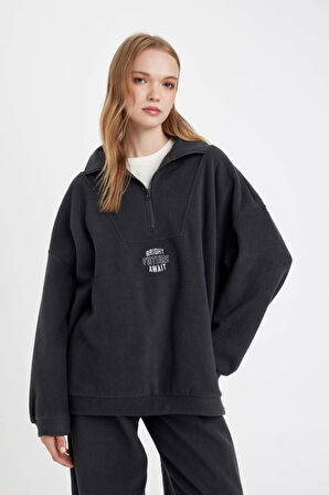 Oversize Geniş Kalıp Fermuarlı Dik Yaka Nakışlı Polar Sweatshirt