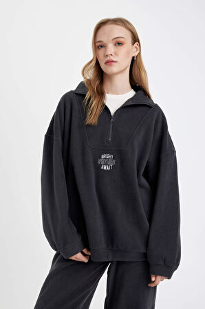 Oversize Geniş Kalıp Fermuarlı Dik Yaka Nakışlı Polar Sweatshirt