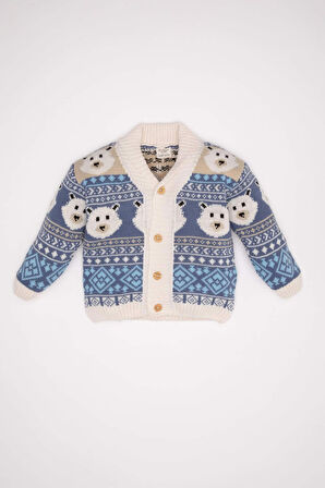 Erkek Bebek Ayıcık Desenli Dik Yaka Düğmeli Triko Hırka