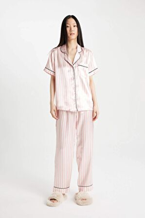 DeFacto Pijama Takımı Saten Çizgili Kısa Kollu Üst Uzun Altı-Fall in Love D0816AX24SMPN149