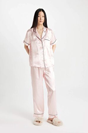 DeFacto Pijama Takımı Saten Çizgili Kısa Kollu Üst Uzun Altı-Fall in Love D0816AX24SMPN149