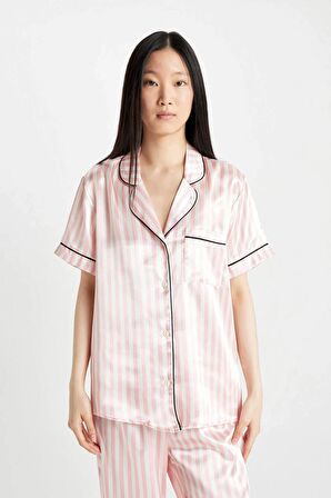 DeFacto Pijama Takımı Saten Çizgili Kısa Kollu Üst Uzun Altı-Fall in Love D0816AX24SMPN149