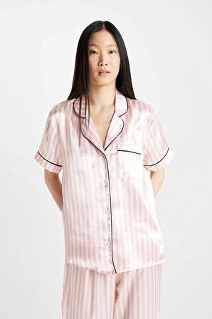 DeFacto Pijama Takımı Saten Çizgili Kısa Kollu Üst Uzun Altı-Fall in Love D0816AX24SMPN149