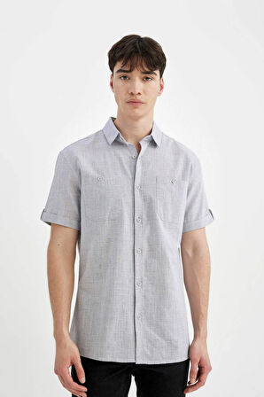 DeFacto Slim Fit Dar Kesim Yazlık Polo Yaka Keten Görünümlü Kısa Kollu Gömlek N9073AZ24SMIN208
