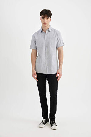 DeFacto Slim Fit Dar Kesim Yazlık Polo Yaka Keten Görünümlü Kısa Kollu Gömlek N9073AZ24SMIN208