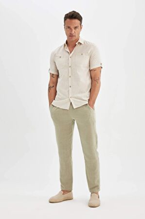 DeFacto Slim Fit Dar Kesim Yazlık Polo Yaka Keten Görünümlü Kısa Kollu Gömlek N9073AZ24SMBG745