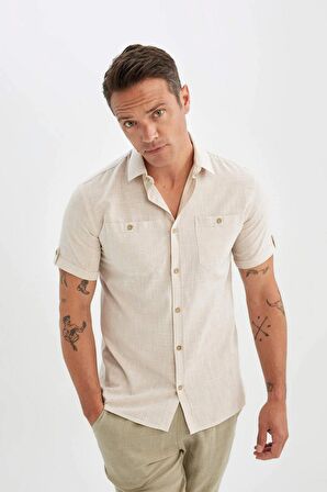 DeFacto Slim Fit Dar Kesim Yazlık Polo Yaka Keten Görünümlü Kısa Kollu Gömlek N9073AZ24SMBG745