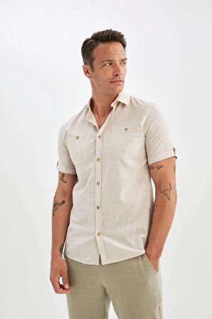 DeFacto Slim Fit Dar Kesim Yazlık Polo Yaka Keten Görünümlü Kısa Kollu Gömlek N9073AZ24SMBG745
