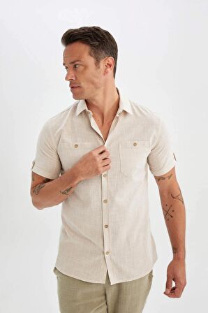 DeFacto Slim Fit Dar Kesim Yazlık Polo Yaka Keten Görünümlü Kısa Kollu Gömlek N9073AZ24SMBG745
