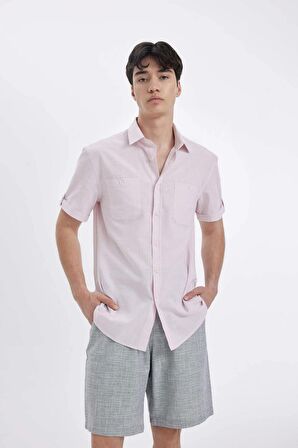 DeFacto Slim Fit Dar Kesim Yazlık Polo Yaka Keten Görünümlü Kısa Kollu Gömlek N9073AZ24SMPN665
