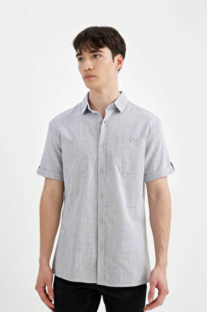 DeFacto Slim Fit Dar Kesim Yazlık Polo Yaka Keten Görünümlü Kısa Kollu Gömlek N9073AZ24SMIN208