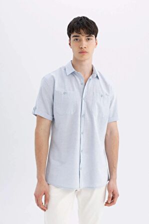 DeFacto Slim Fit Dar Kesim Yazlık Polo Yaka Keten Görünümlü Kısa Kollu Gömlek N9073AZ24SMBE718