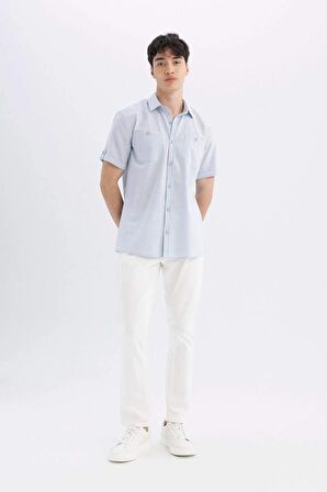 DeFacto Slim Fit Dar Kesim Yazlık Polo Yaka Keten Görünümlü Kısa Kollu Gömlek N9073AZ24SMBE718