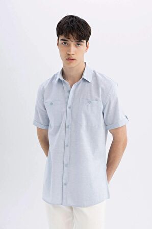 DeFacto Slim Fit Dar Kesim Yazlık Polo Yaka Keten Görünümlü Kısa Kollu Gömlek N9073AZ24SMBE718
