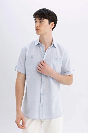 DeFacto Slim Fit Dar Kesim Yazlık Polo Yaka Keten Görünümlü Kısa Kollu Gömlek N9073AZ24SMBE718