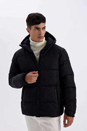 Regular Fit Şişme Mont Kapüşonlu Fermuarlı Cepli