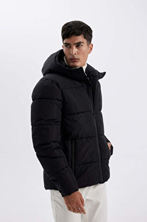 Regular Fit Şişme Mont Kapüşonlu Fermuarlı Cepli