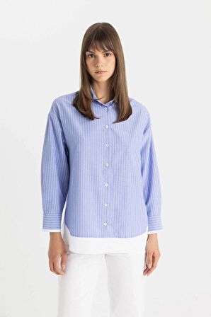 DeFacto Relax Fit Çizgili Poplin Uzun Kollu Gömlek Tunik C9431AX24SMBE429