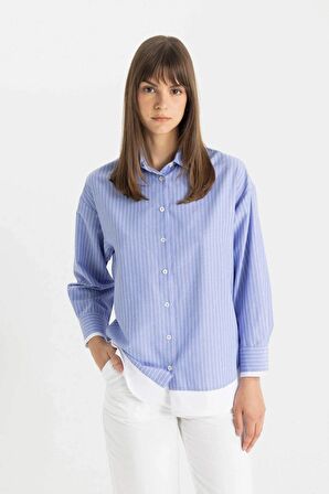 DeFacto Relax Fit Çizgili Poplin Uzun Kollu Gömlek Tunik C9431AX24SMBE429