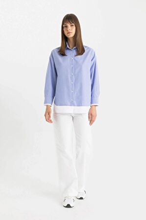 DeFacto Relax Fit Çizgili Poplin Uzun Kollu Gömlek Tunik C9431AX24SMBE429