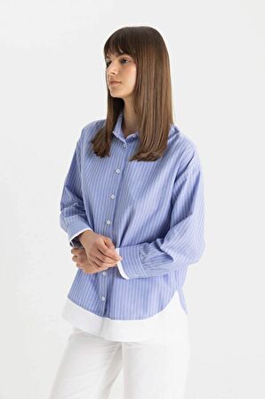 DeFacto Relax Fit Çizgili Poplin Uzun Kollu Gömlek Tunik C9431AX24SMBE429