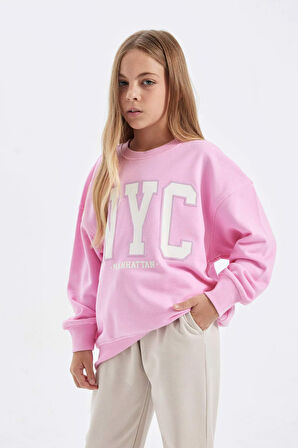 DeFacto Kız Çocuk Oversize Fit Bisiklet Yaka Baskılı Okul Sweatshirt C7778A824AUPN666