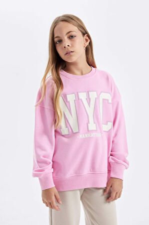 DeFacto Kız Çocuk Oversize Fit Bisiklet Yaka Baskılı Okul Sweatshirt C7778A824AUPN666