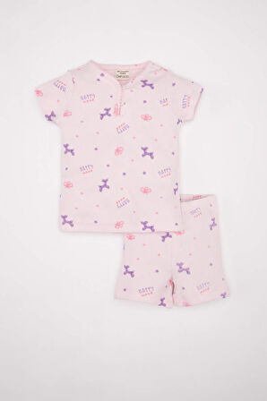 Kız Bebek Pijama Takım Desenli Fitilli Kaşkorse  Kısa Kollu Üst Beli Lastikli Şort Alt