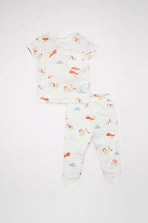 Erkek Bebek Pijama Takımı Penye Desenli Kısa Kollu Üst Beli Lastikli Uzun Alt
