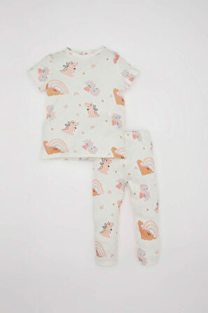 Kız Bebek Pijama Takımı Waffle  Dinazor Desenli Kısa Kollu Üst Uzun Alt