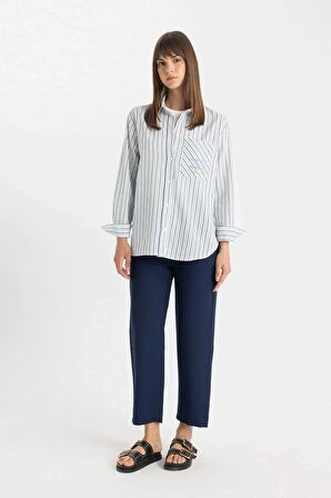 DeFacto Relax Fit Çizgili Uzun Kollu Flamlı Pamuk Gömlek Tunik C8854AX24SMBE303