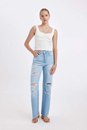 90's Wide Leg Yüksek Bel Geniş Paça Yırtık Detaylı Yıkamalı Jean Pantolon