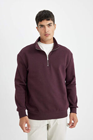 DeFacto Comfort Regular Fit Rahat Kalıp Dik Yaka Fermuarlı Kalın Basic Düz Sweatshirt X7405AZ24AUBR150