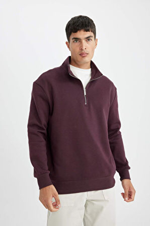 DeFacto Comfort Regular Fit Rahat Kalıp Dik Yaka Fermuarlı Kalın Basic Düz Sweatshirt X7405AZ24AUBR150