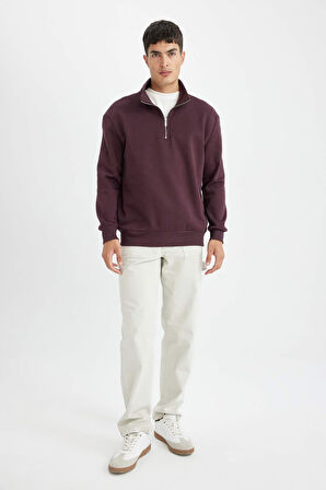 DeFacto Comfort Regular Fit Rahat Kalıp Fermuarlı Dik Yaka Basic Düz Sweatshirt X7405AZ24AUBR150