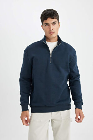 DeFacto Lacivert Comfort Regular Fit Rahat Kalıp Dik Yaka Fermuarlı Kalın Basic Düz Sweatshirt X7405AZ24AUNV163