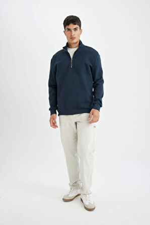 DeFacto Lacivert Comfort Regular Fit Rahat Kalıp Dik Yaka Fermuarlı Kalın Basic Düz Sweatshirt X7405AZ24AUNV163