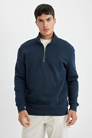 DeFacto Lacivert Comfort Regular Fit Rahat Kalıp Dik Yaka Fermuarlı Kalın Basic Düz Sweatshirt X7405AZ24AUNV163