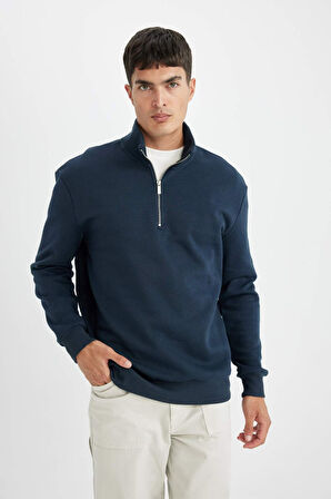 DeFacto Lacivert Comfort Regular Fit Rahat Kalıp Dik Yaka Fermuarlı Kalın Basic Düz Sweatshirt X7405AZ24AUNV163