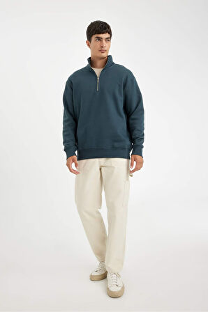 DeFacto Comfort Regular Fit Rahat Kalıp Fermuarlı Dik Yaka Basic Düz Sweatshirt X7405AZ24AUBE700