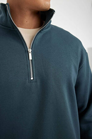 DeFacto Comfort Regular Fit Rahat Kalıp Fermuarlı Dik Yaka Basic Düz Sweatshirt X7405AZ24AUBE700