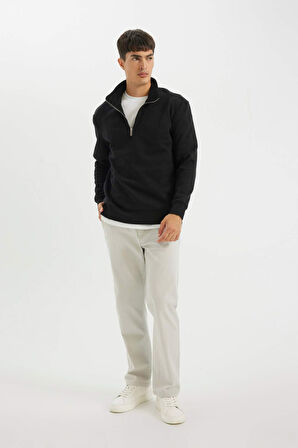 DeFacto Comfort Regular Fit Rahat Kalıp Fermuarlı Dik Yaka Basic Düz Sweatshirt X7405AZ24AUBK81