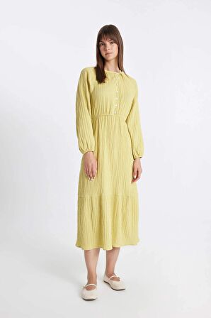 DeFacto Relax Fit Bisiklet Yaka Müslin Basic Düz Uzun Kollu Elbise D0570AX24HSGN730