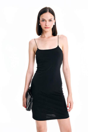 Bodycon Kare Yaka Siyah Askılı Mini Elbise