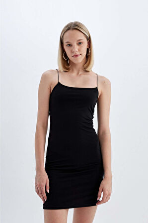 Bodycon Kare Yaka Siyah Askılı Mini Elbise
