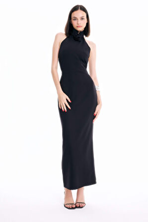 DeFacto Bodycon Vücudu Saran Halter Yaka Kolsuz Maxi Abiye Elbise D3270AXNSBK27