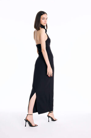 DeFacto Bodycon Vücudu Saran Halter Yaka Kolsuz Maxi Abiye Elbise D3270AXNSBK27